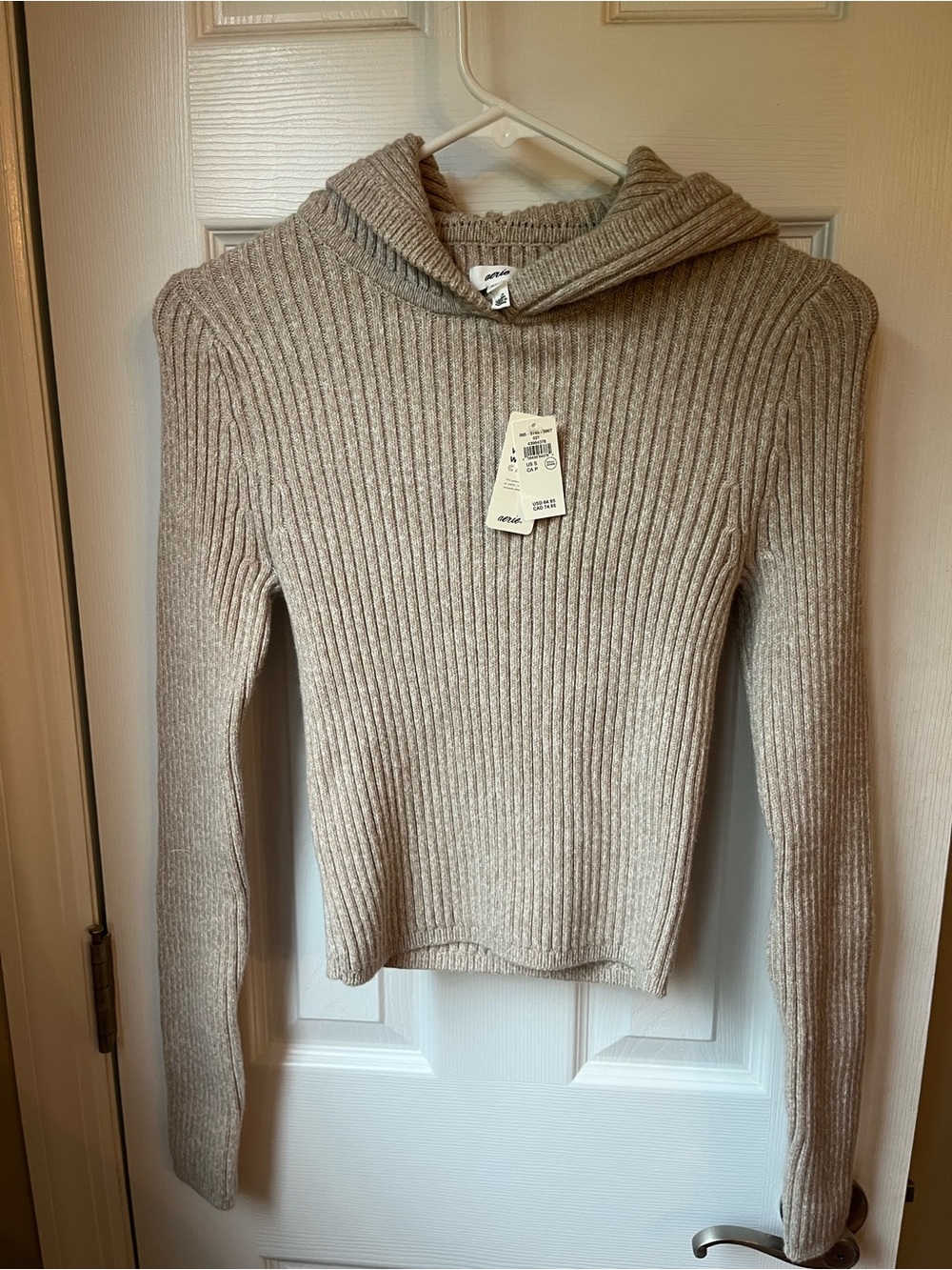 aerie Ribbed Hooded Turtleneck Sweater - Taupe